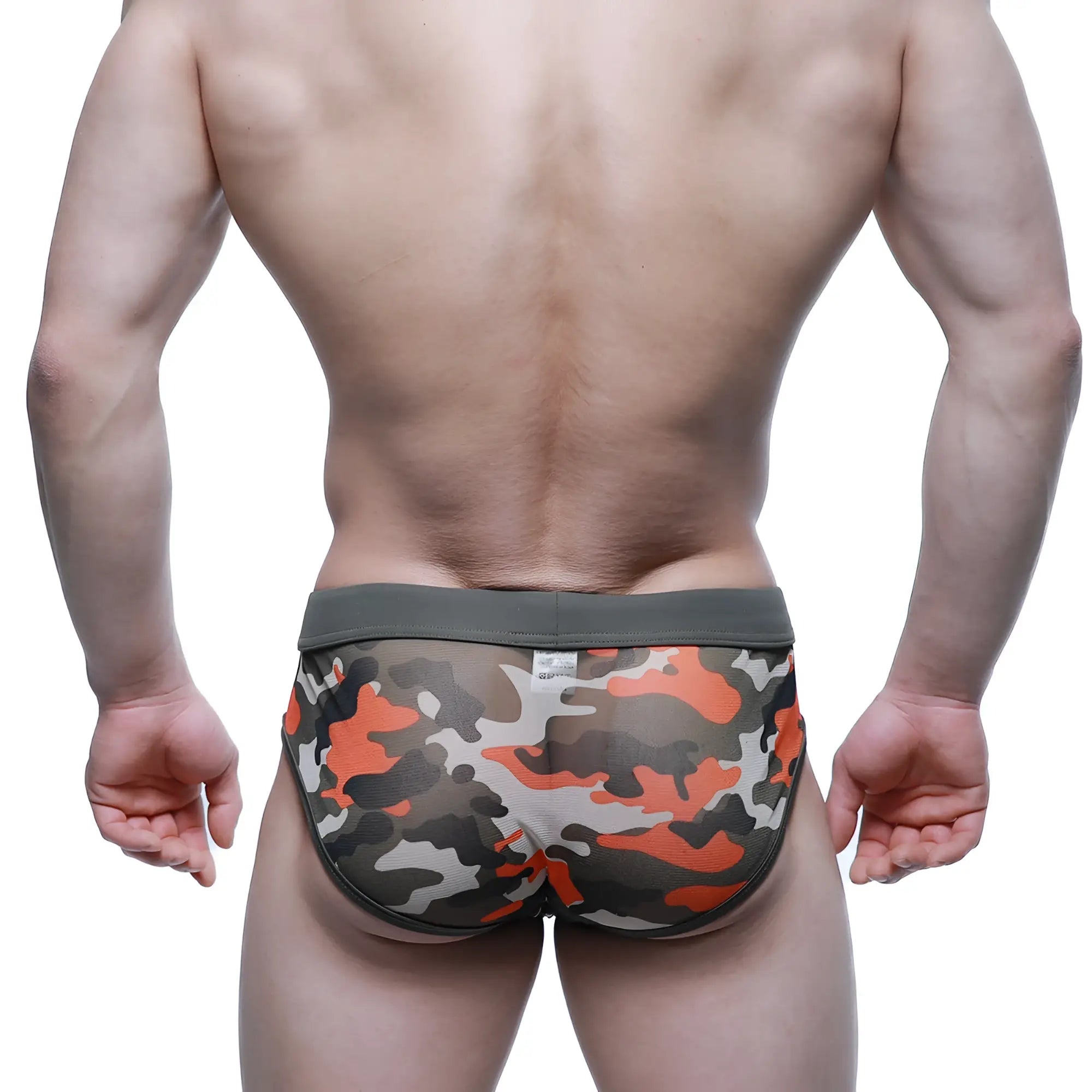 MetroMalewear mesh camouflage briefs green 5203-91 in orange gray and white with a solid olive green waistband