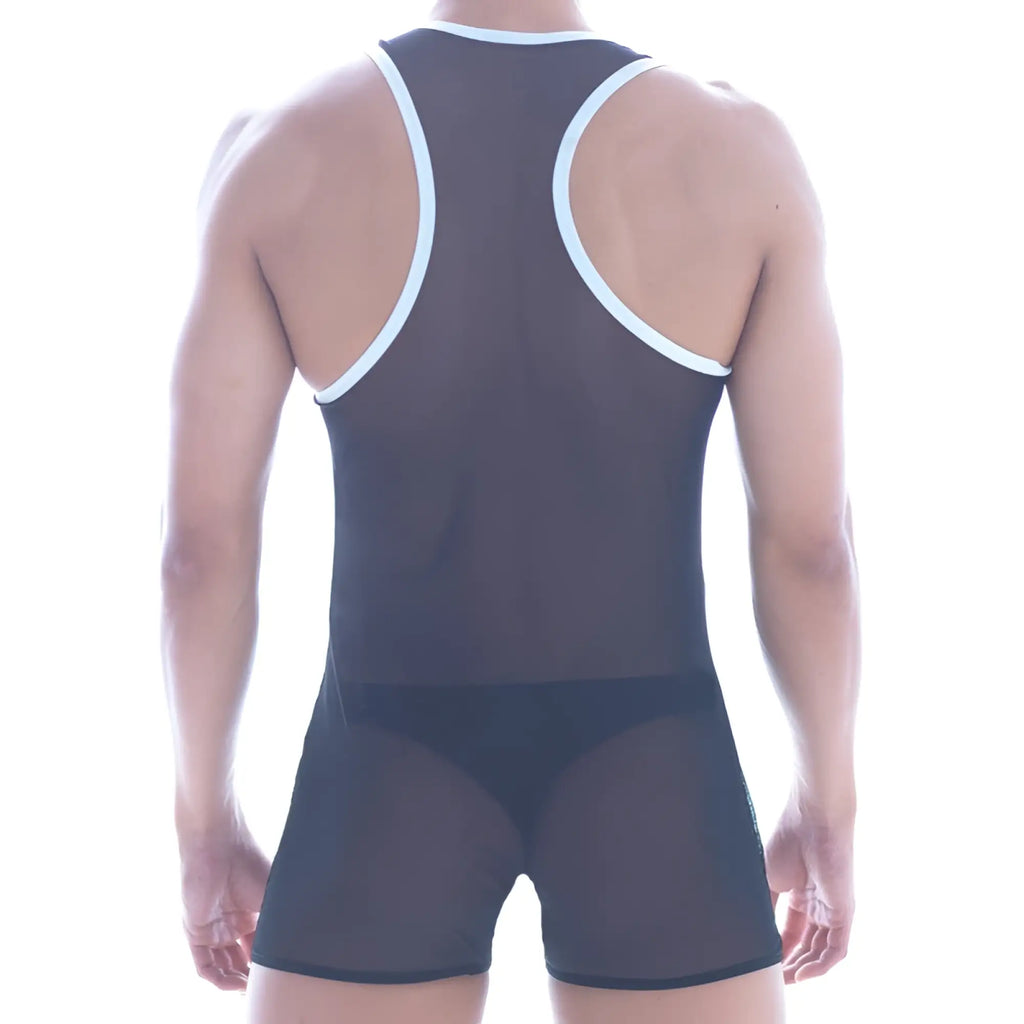 MetroMaleWear mesh contrast black wrestling singlet with white trim on shoulder straps and waistband