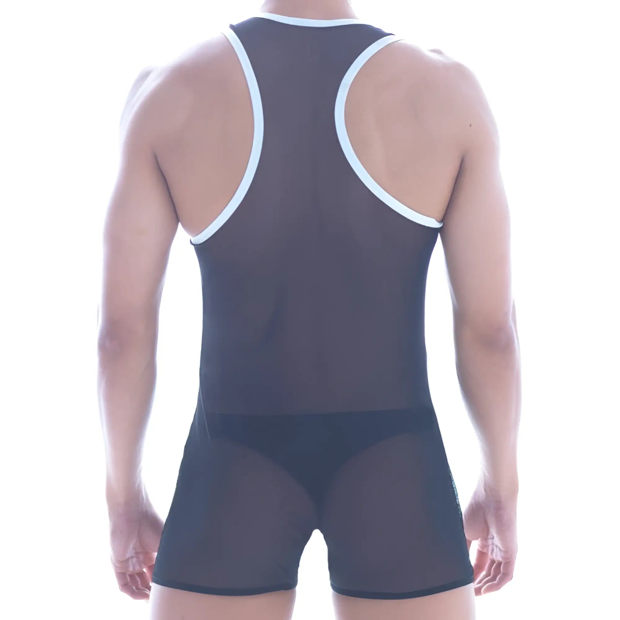MetroMaleWear mesh contrast black wrestling singlet with white trim on shoulder straps and waistband