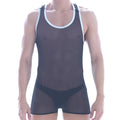 Black sheer mesh tank top with white trim around neckline and armholes from MetroMaleWear mesh contrast collection