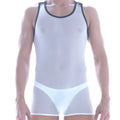 MetroMaleWear mesh contrast wrestler tank top in transparent white with black trim along neckline and armholes