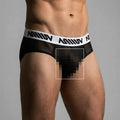 Black mesh MetroMaleWear hip briefs with a white elastic waistband featuring black miiow logo lettering