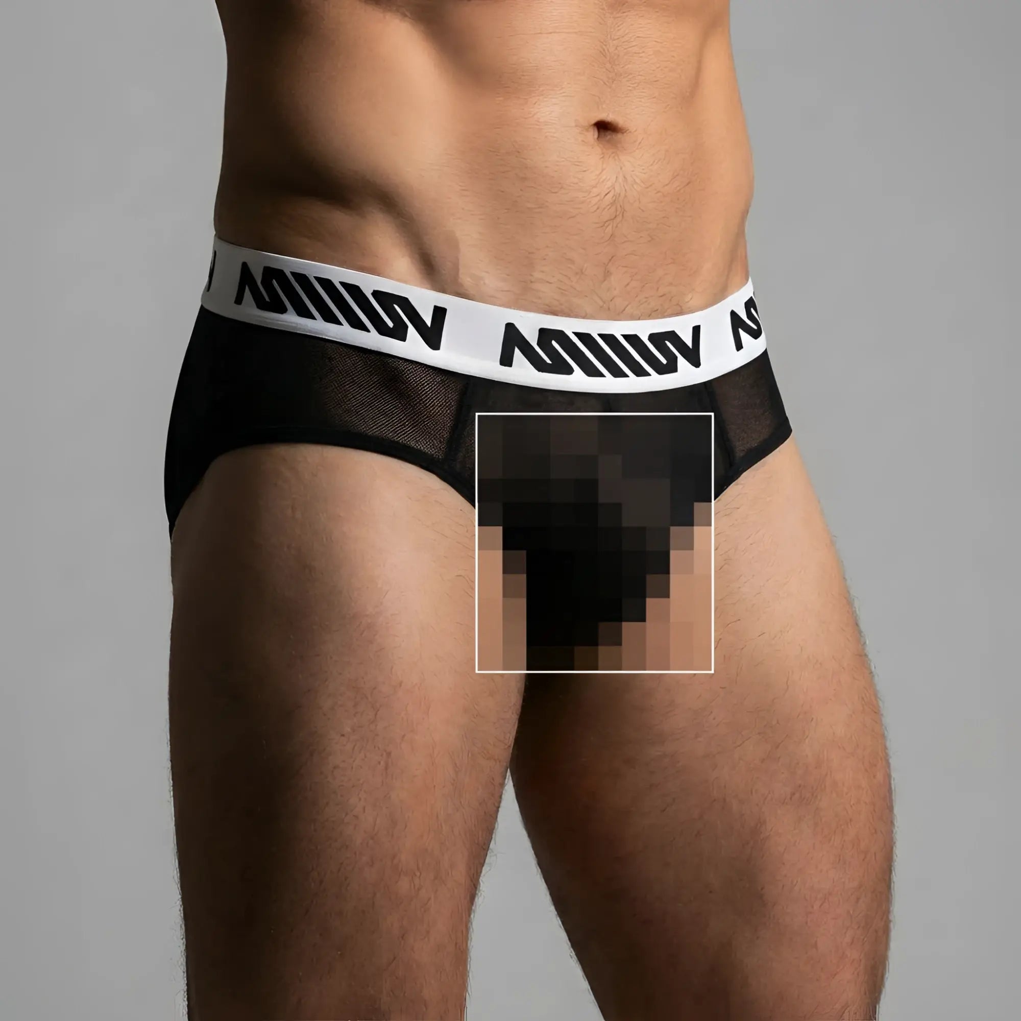 Black mesh MetroMaleWear hip briefs with a white elastic waistband featuring black miiow logo lettering