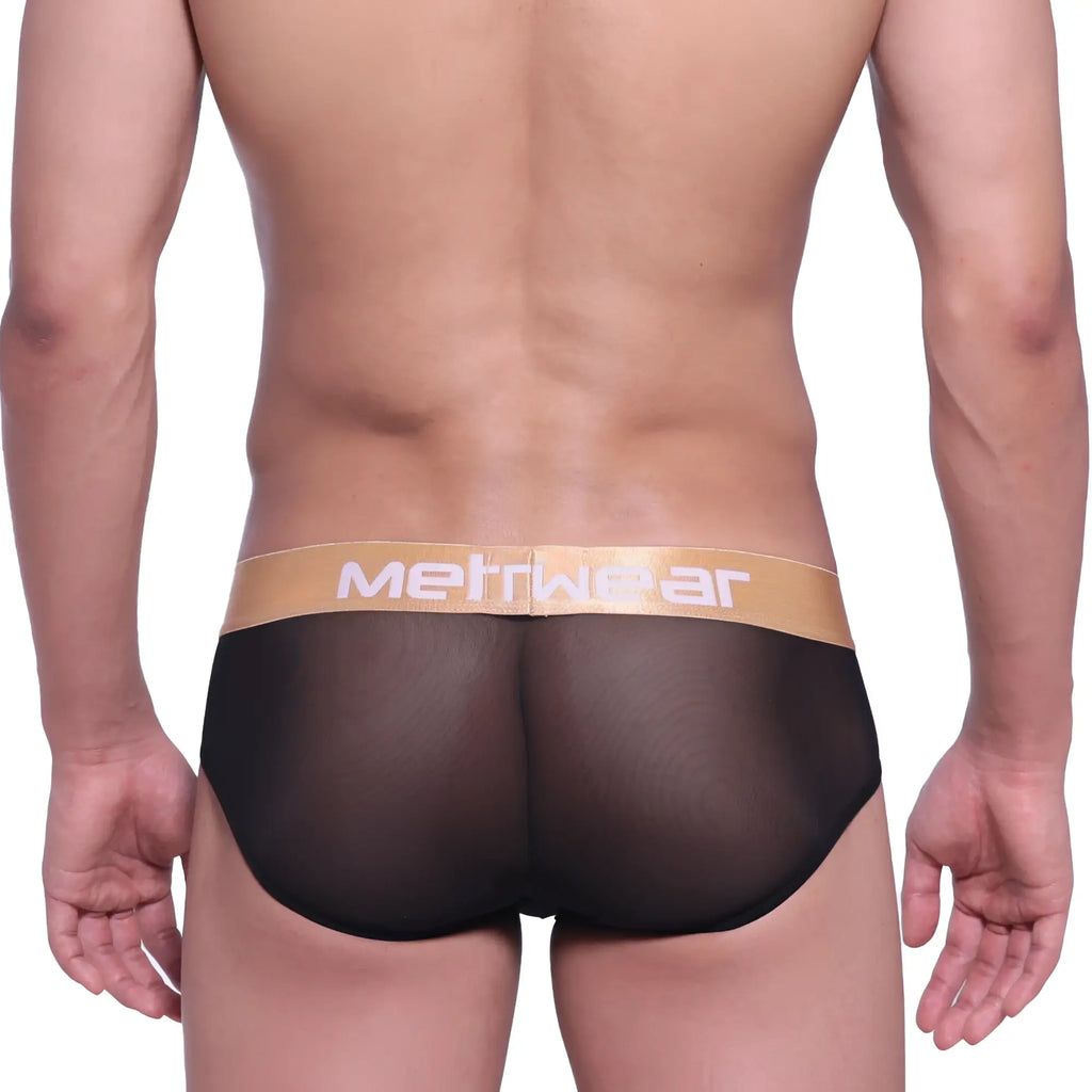 MetroMaleWear mesh hip brief black with tan waistband and metwear logo in white lettering in gold label 5003-46
