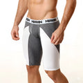 Gray and white MetroMaleWear mesh long shorts with textured fabric and branded waistband 15 inch length 2024 11 model