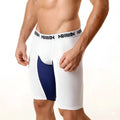 White and navy blue metro male wear mesh long short 15inch athletic briefs with textured fabric and black logo band