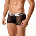 Black mesh briefs with white elastic waistband featuring bold black lettering metro male wear mesh short boxer