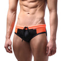MetroMaleWear mesh swim brief neon orange featuring black and orange mesh fabric with a drawstring waistband