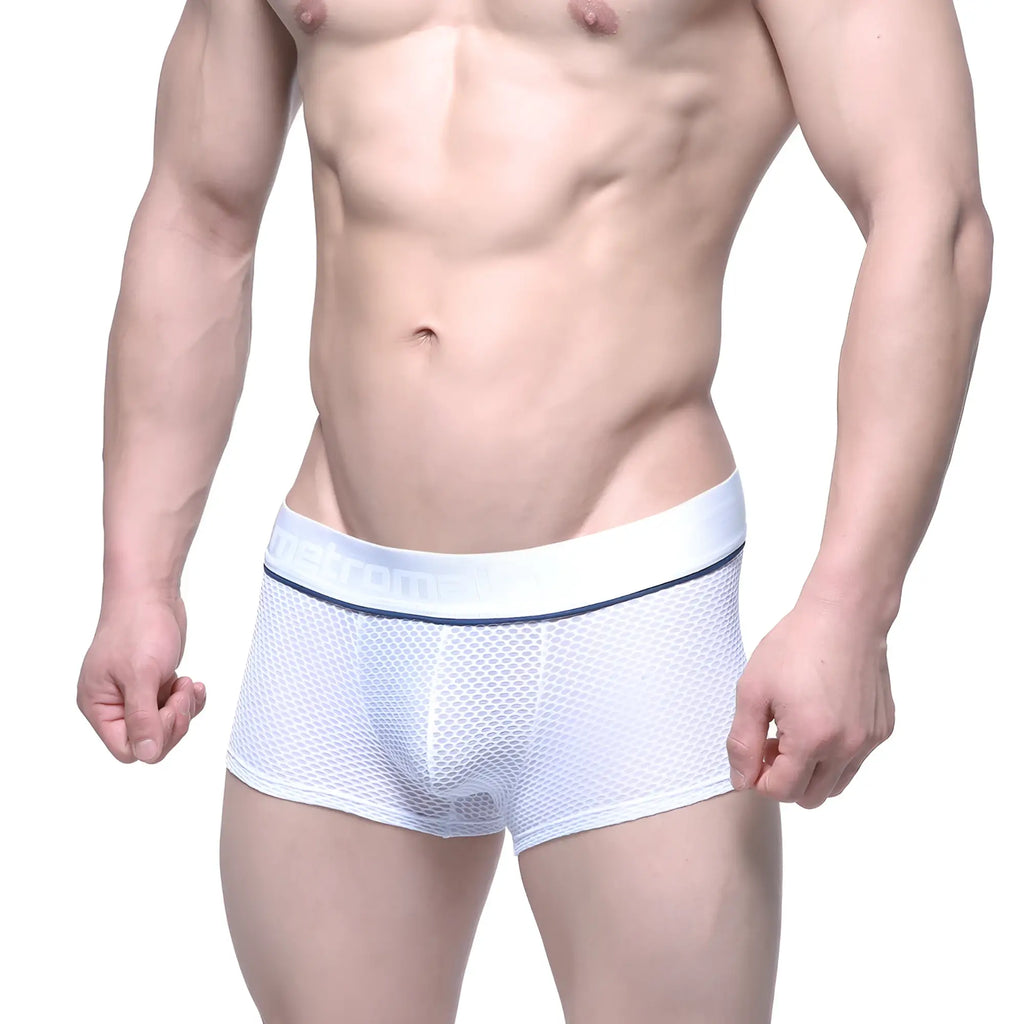MetroMaleWear meta trunk white mesh briefs with navy blue trim and elastic waistband for comfortable wear