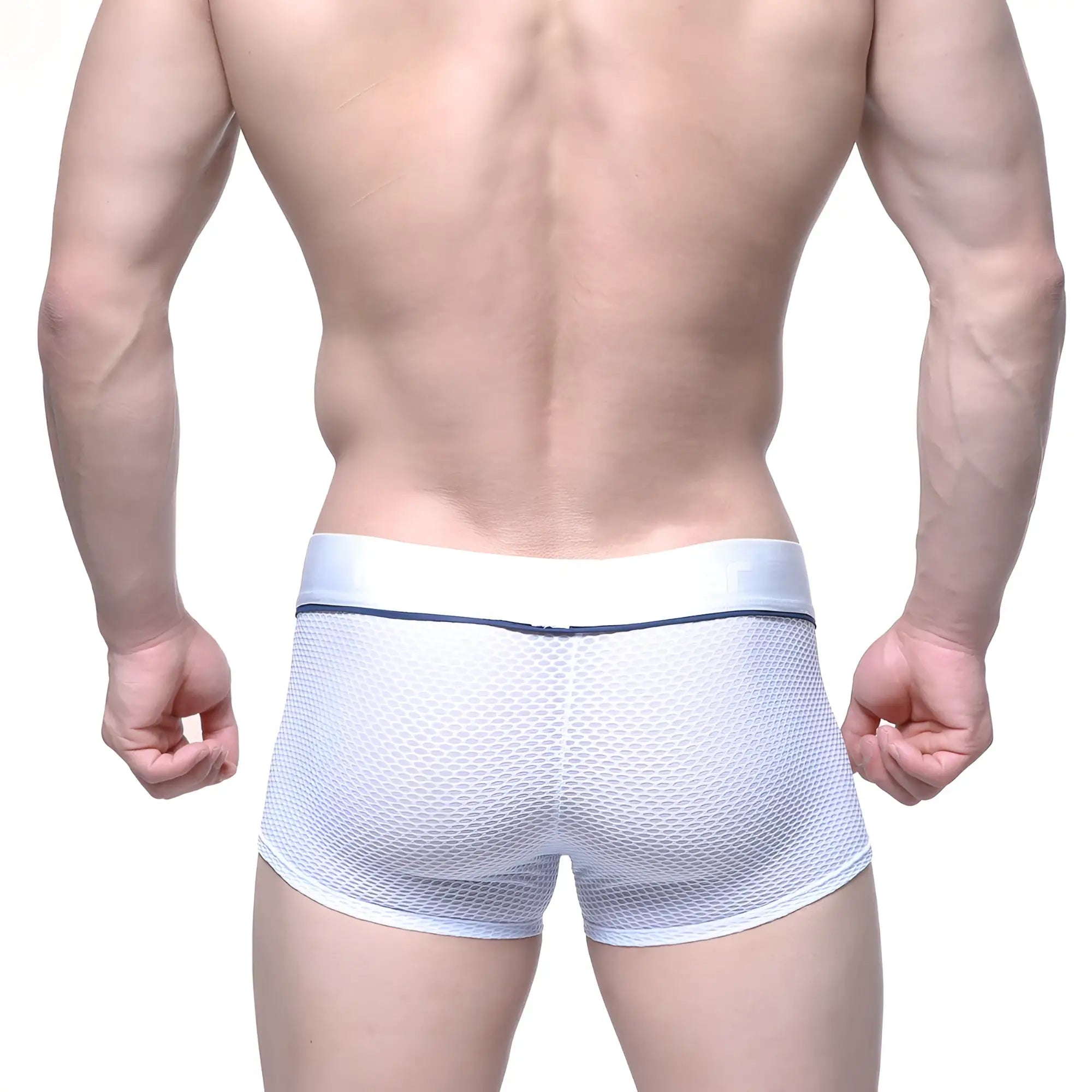 MetroMaleWear Meta Trunk white mesh briefs with solid white waistband and thin navy blue trim front view