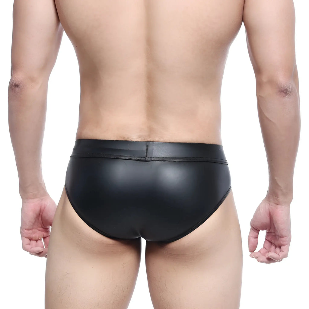 Metro malewear metal hip brief black 5503-20 glossy black faux leather swim trunks with sleek form-fitting design
