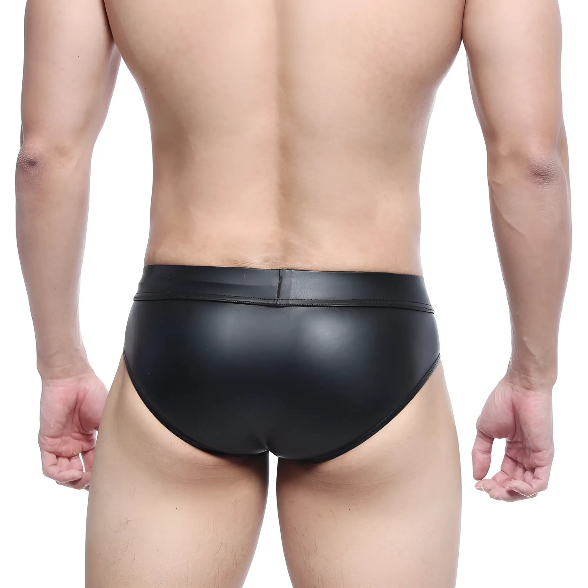 Metro malewear metal hip brief black 5503-20 glossy black faux leather swim trunks with sleek form-fitting design