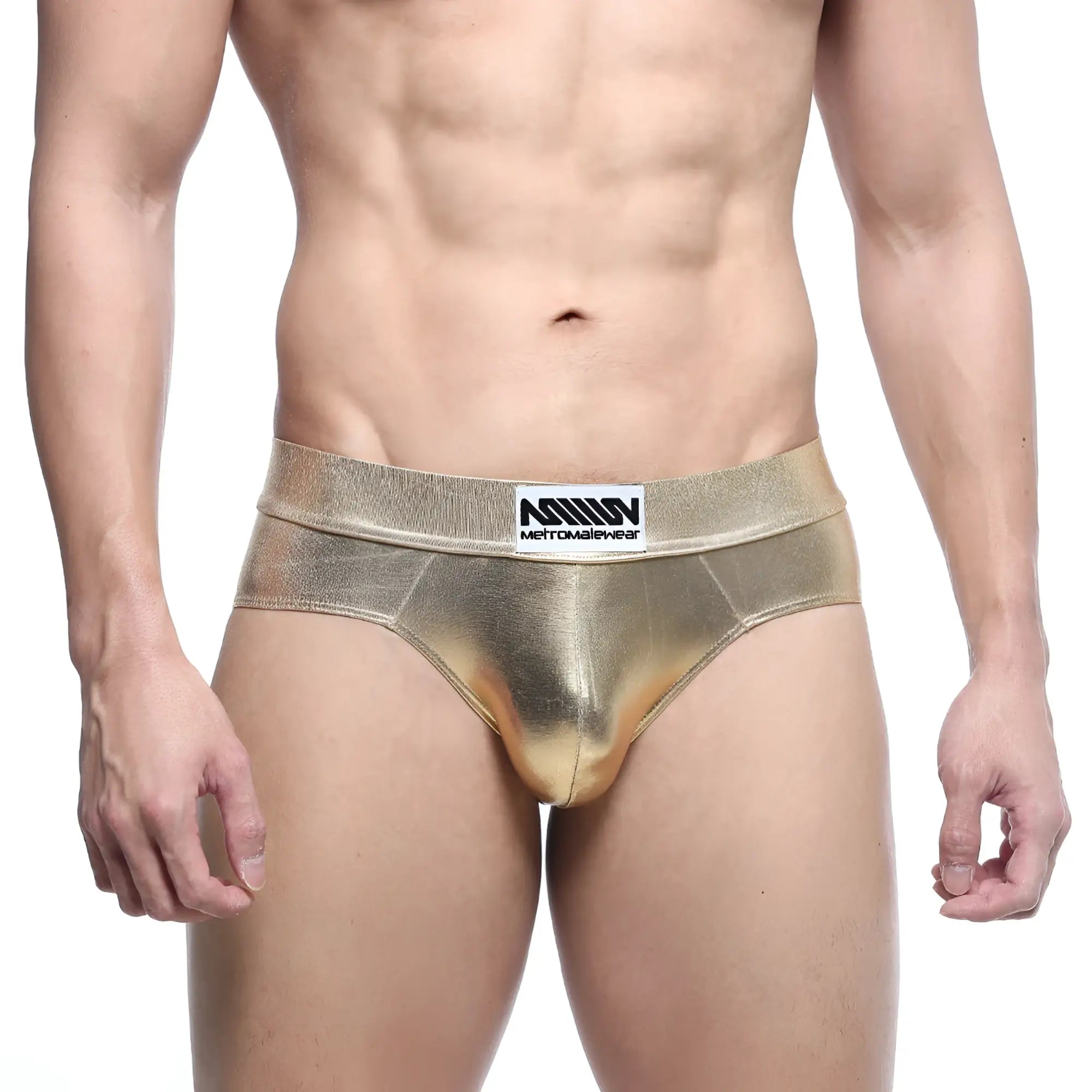 MetroMaleWear metal hip brief gold 5503-21 featuring gold metallic material with a sleek shiny finish and branded waistband