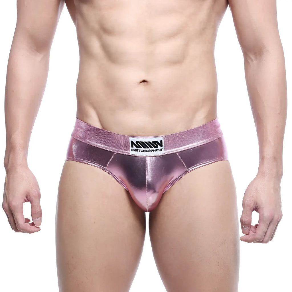 Shiny metallic pink briefs with a branded waistband from metromalewear metal hip brief 5503-02 collection