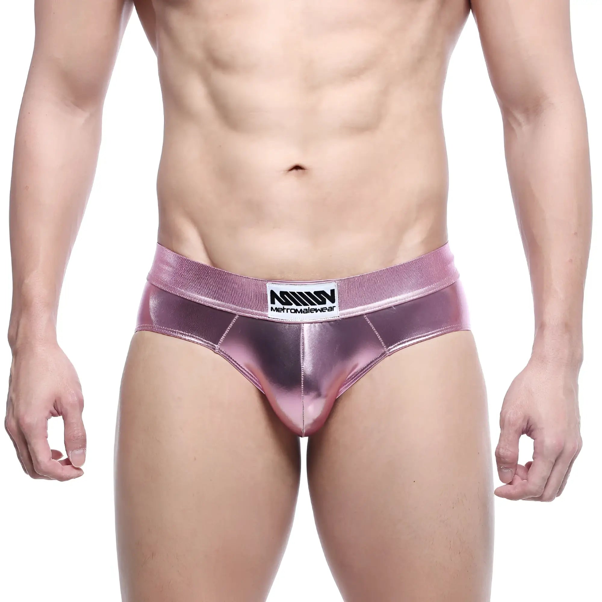 Shiny metallic pink briefs with a branded waistband from metromalewear metal hip brief 5503-02 collection