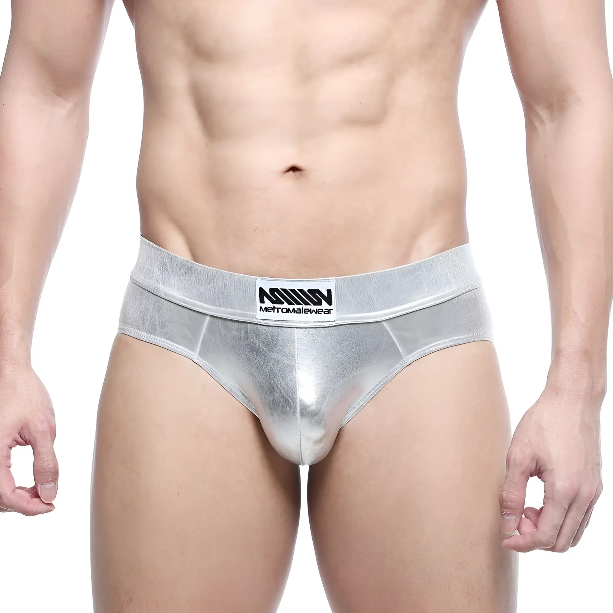 Silver metallic metro malewear metal hip briefs with subtle sheen and branded waistband 5503-01