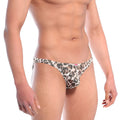 A men’s metallic leopard gold bikini brief with a snug fit and a red MetroMaleWear tag on the waistband