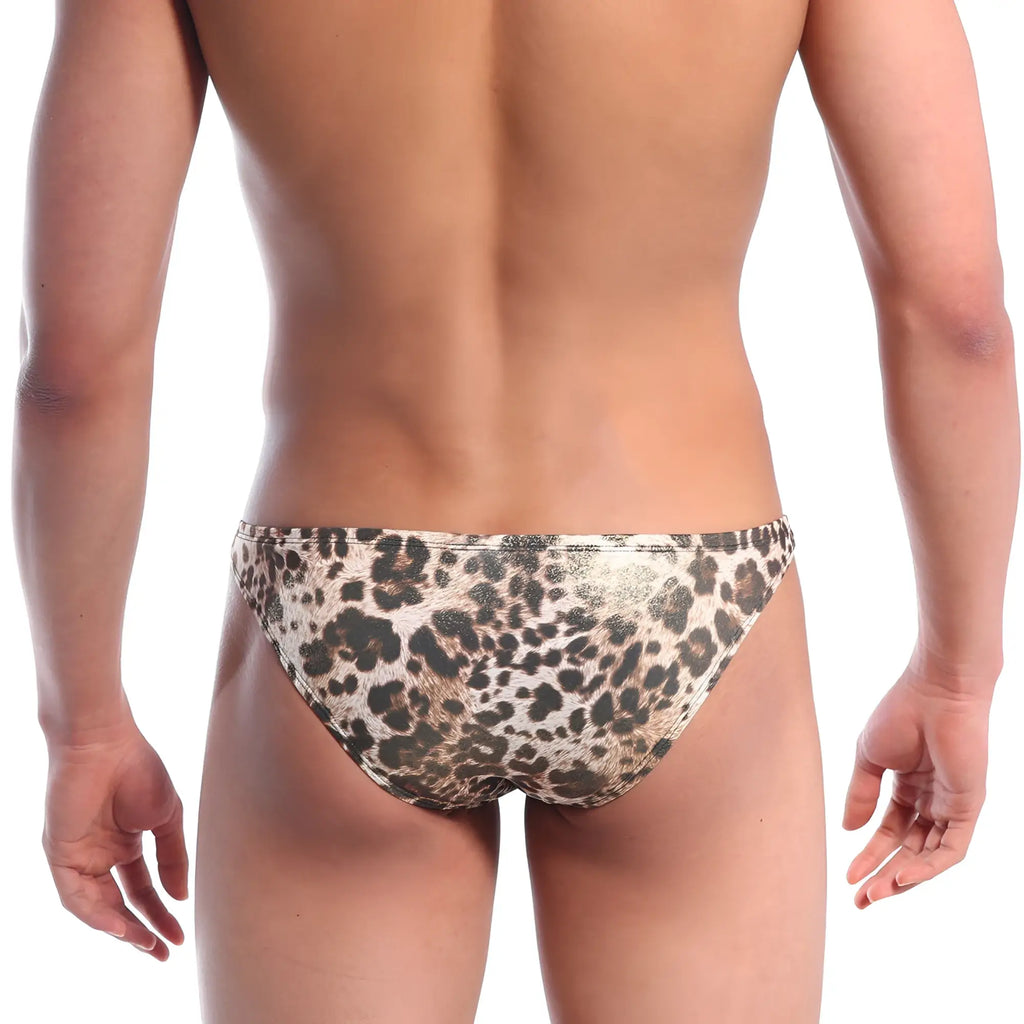 Metromalewear metallic leopard gold bikini swim trunks with shiny metallic finish in gold color