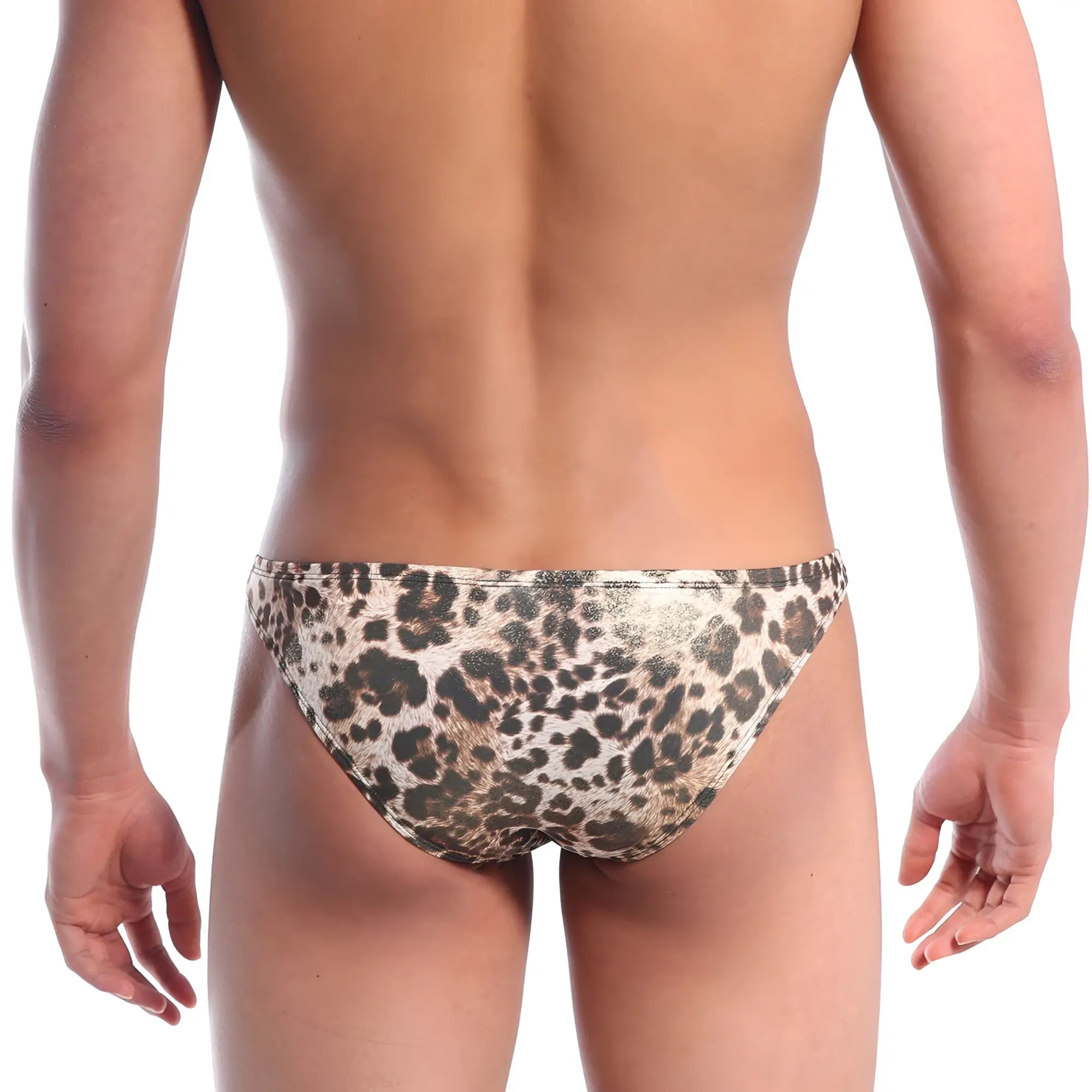 Metromalewear metallic leopard gold bikini swim trunks with shiny metallic finish in gold color