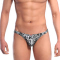 Black and white leopard-print men’s thong with metallic silver detail and a red MetroMaleWear brand tag