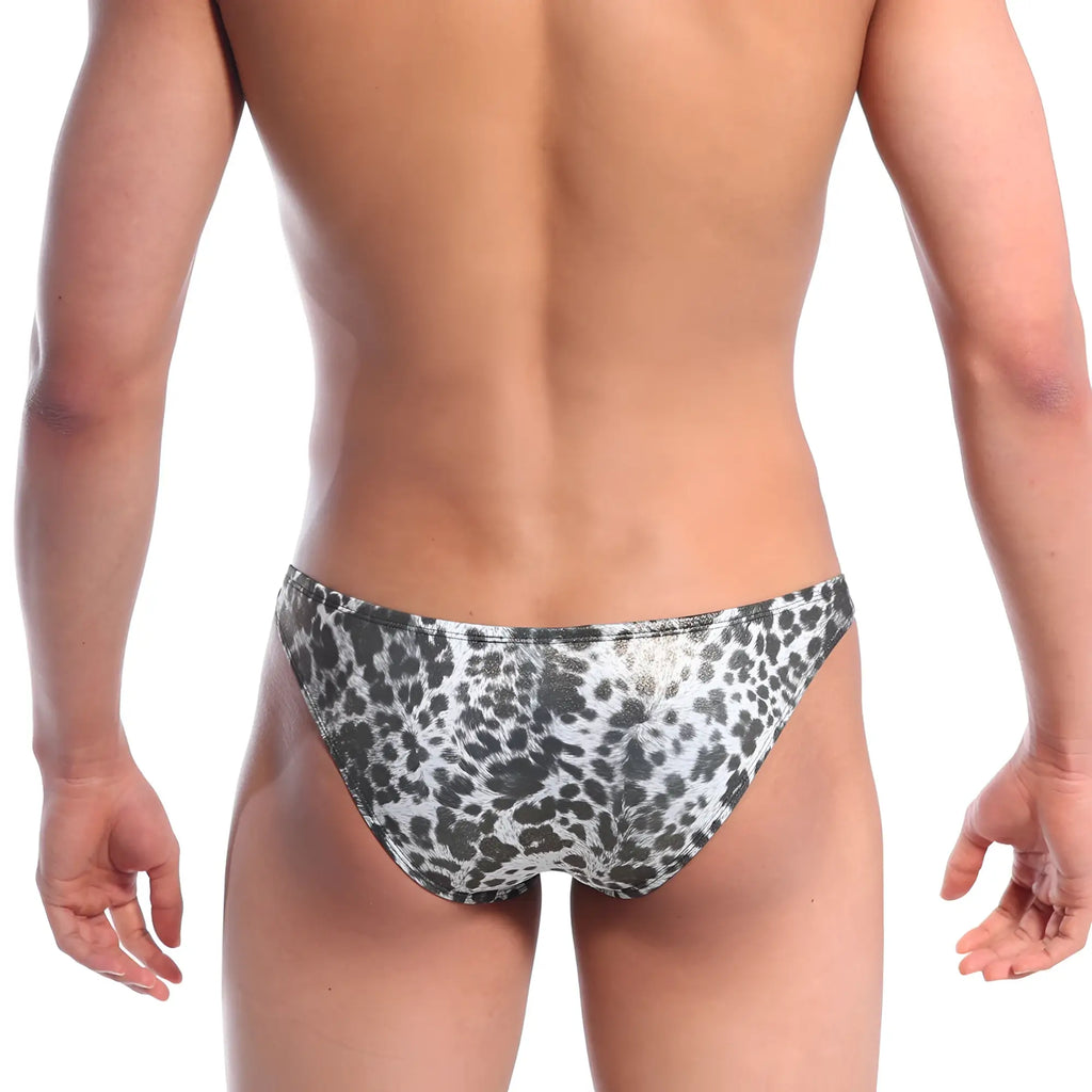 Black and white leopard print metallic swim trunks by MetroMaleWear designed for stylish beachwear use