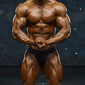 A muscular male bodybuilder wearing black MetroMaleWear MetroMuscleWear Adam competition briefs with glossy skin tone