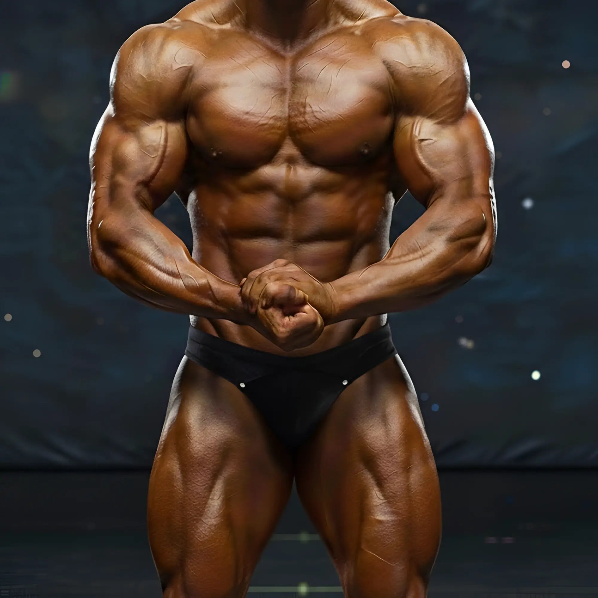A muscular male bodybuilder wearing black MetroMaleWear MetroMuscleWear Adam competition briefs with glossy skin tone