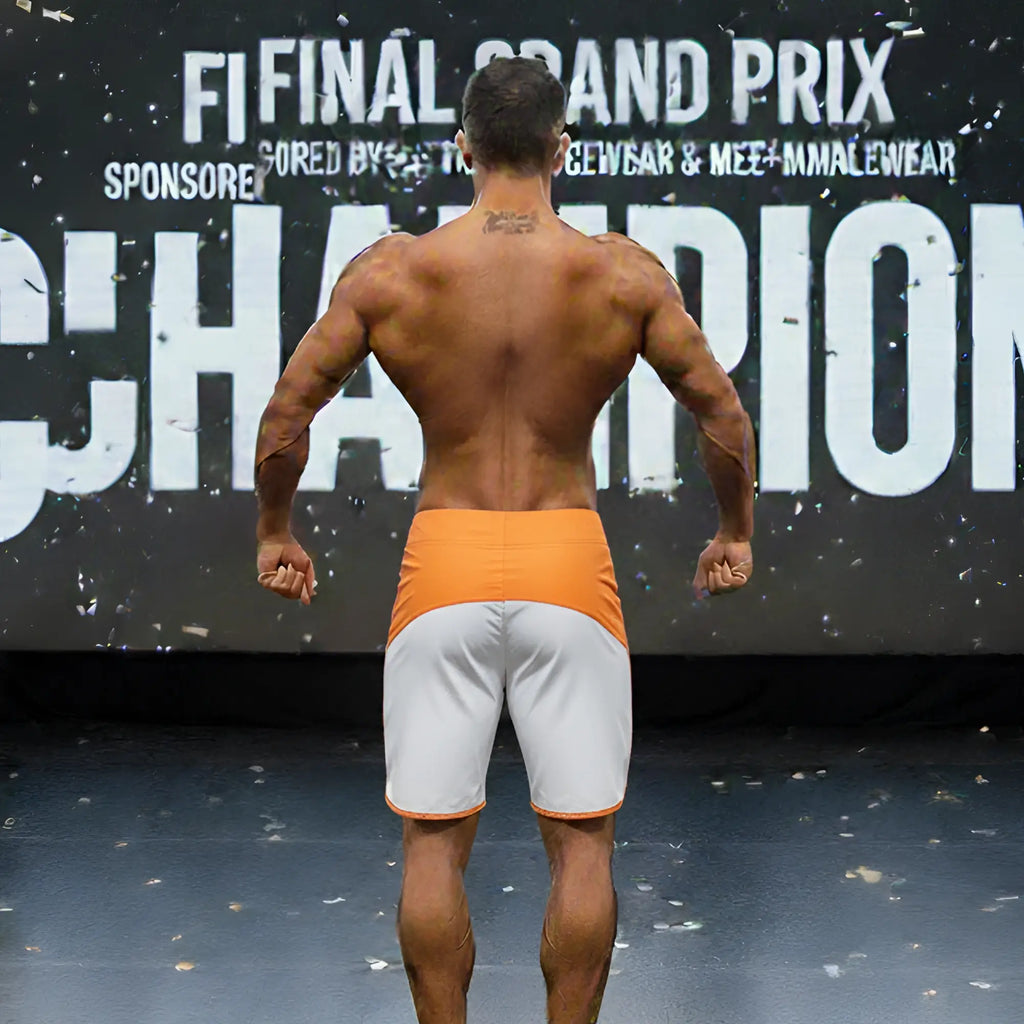 Orange and white metro musclewear cordoba physique board shorts with contrasting orange waistband for athletic use