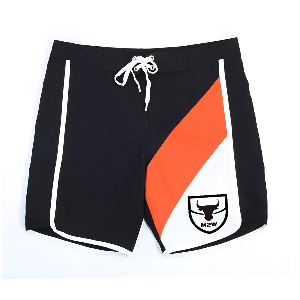MetroMalewear metromusclewear ifbb pro mens physique black board shorts with bold orange white diagonal stripe and drawstring