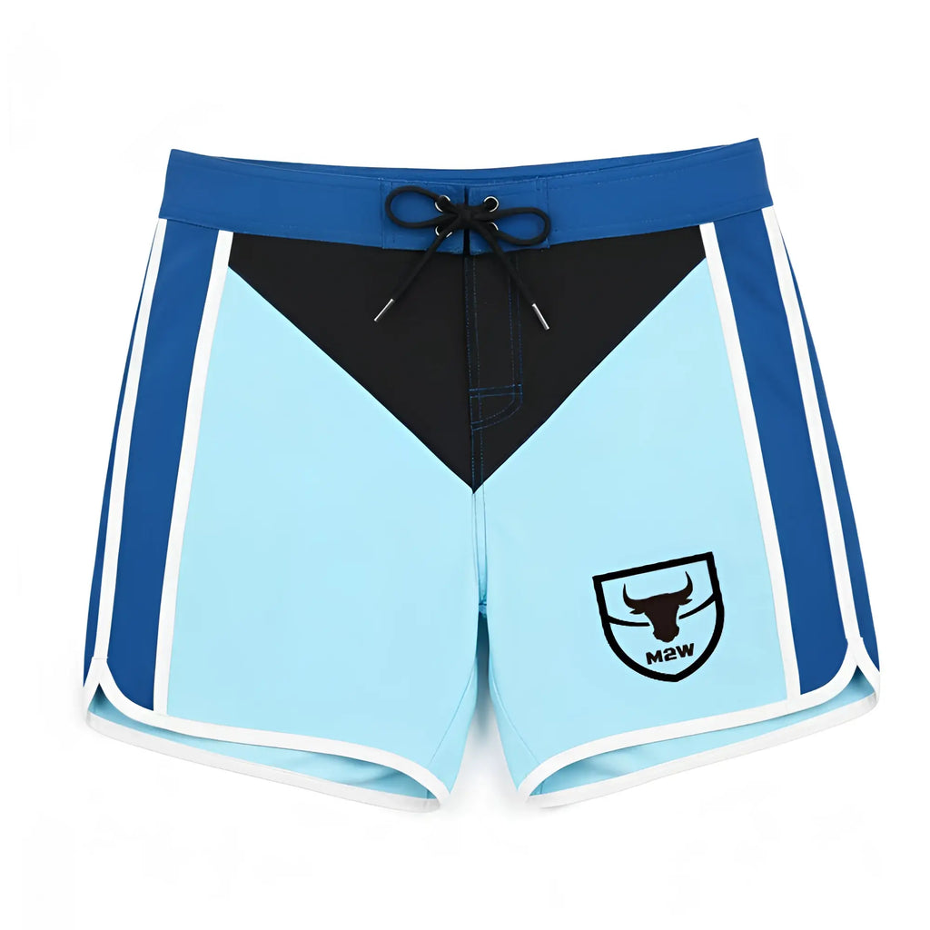 MetroMaleWear MetroMuscleWear IFBB pro mens physique board shorts in light blue and navy with black panel and bull shield logo