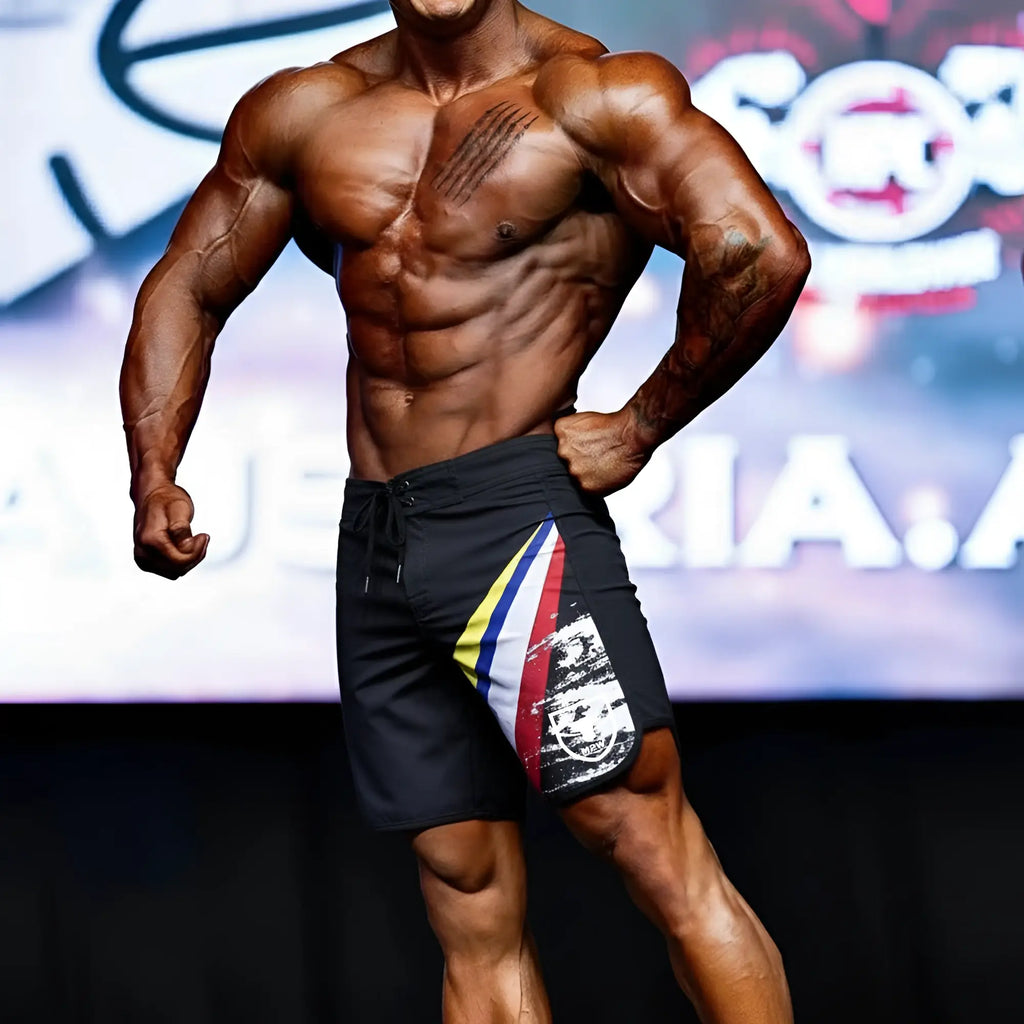 Black metromalewear metro musclewear ifbb pro mens physique board shorts with vibrant diagonal stripe and distressed skull graphic