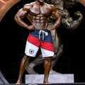 MetroMalewear metroMusclewear IFBB pro mens physique board short blue red white stripes drawstring black bull logo