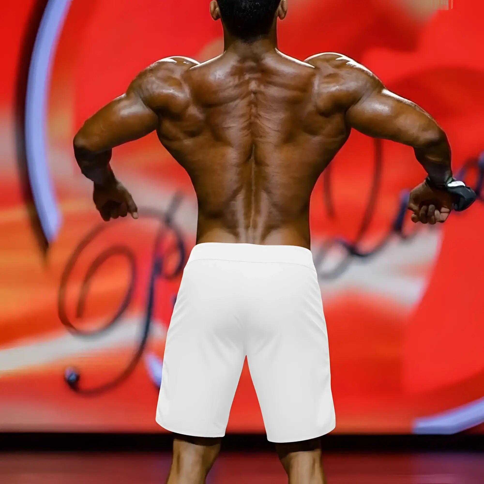 White athletic shorts with clean minimalist design from MetroMaleWear MetroMuscleWear for mens physique use