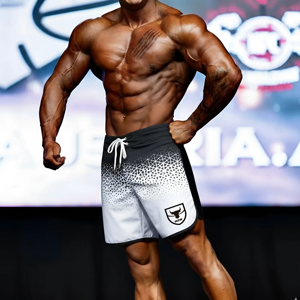 Black and white geometric-patterned metroMuscleWear ifbb pro men’s physique board shorts with white drawstring and shield logo