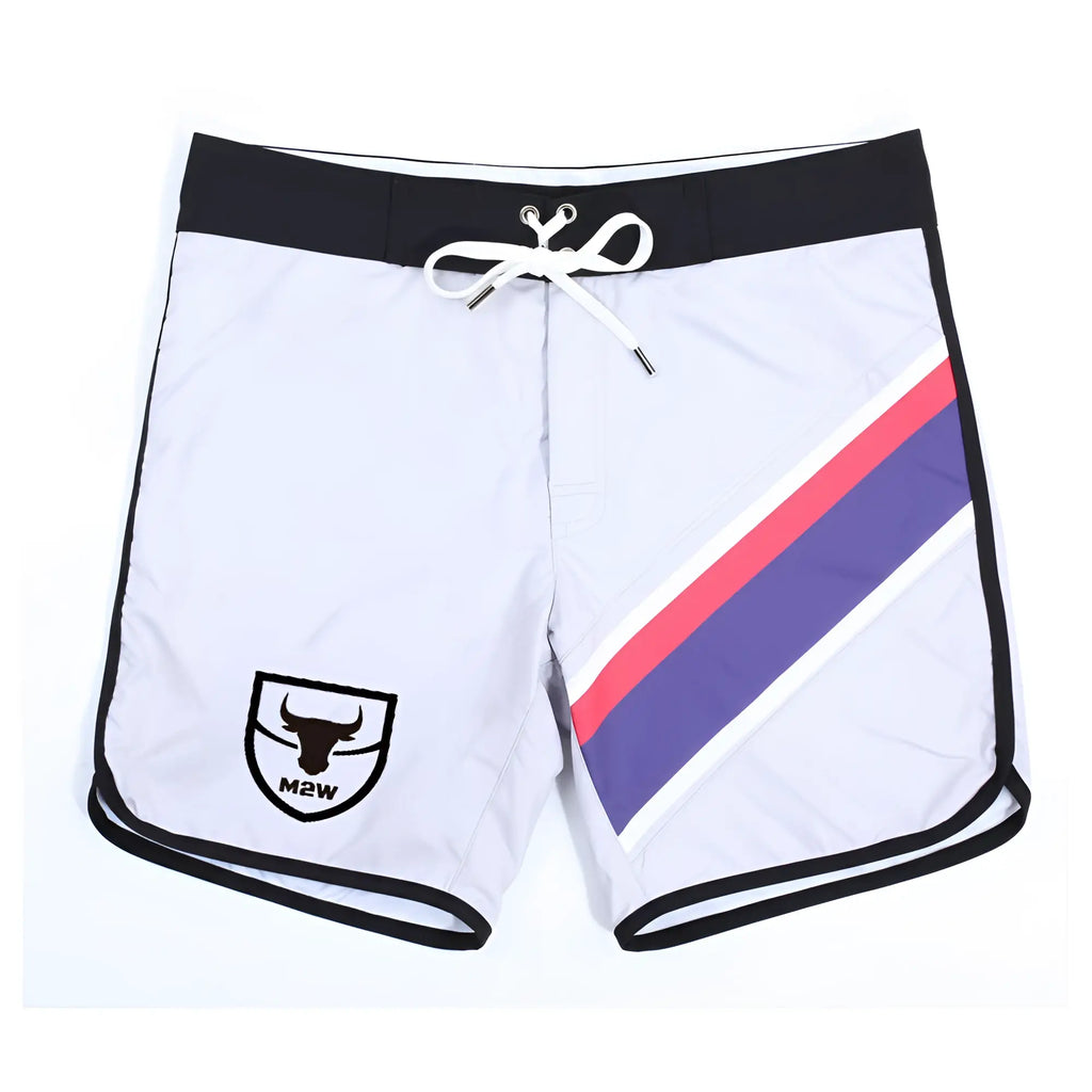 White board shorts with bold pink and purple diagonal stripe black trim and m2w logo metroMuscleWear ifbb pro style