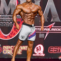 Gray metromale wear metromusclewear ifbb pro mens physique athletic shorts with black trim purple pink stripe and white bull logo