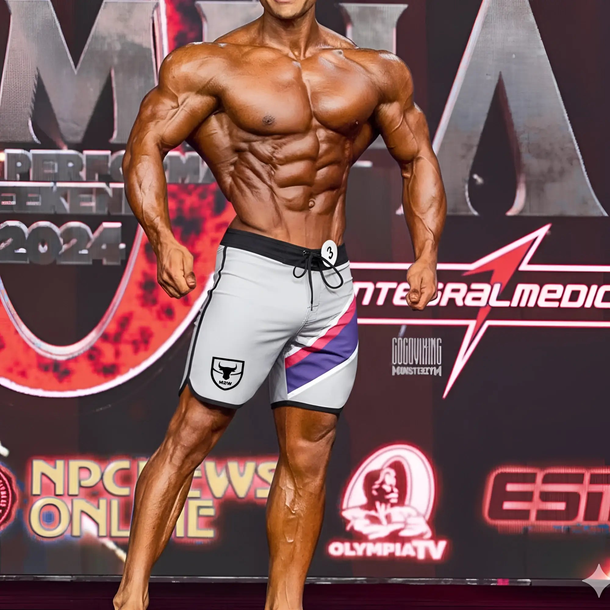 Gray metromale wear metromusclewear ifbb pro mens physique athletic shorts with black trim purple pink stripe and white bull logo