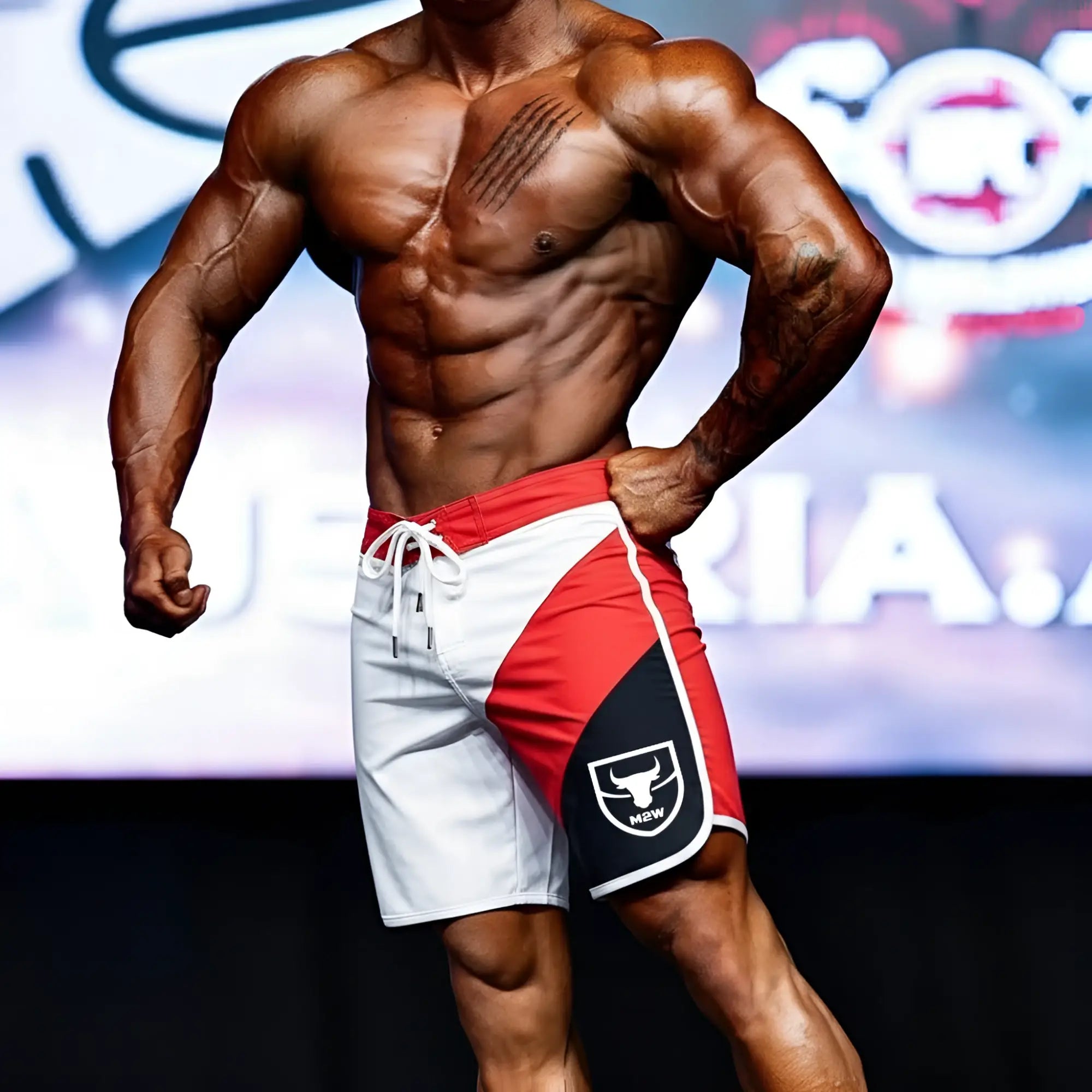 MetroMaleWear red white and black athletic board shorts with bull logo for men ifbb pro physique use