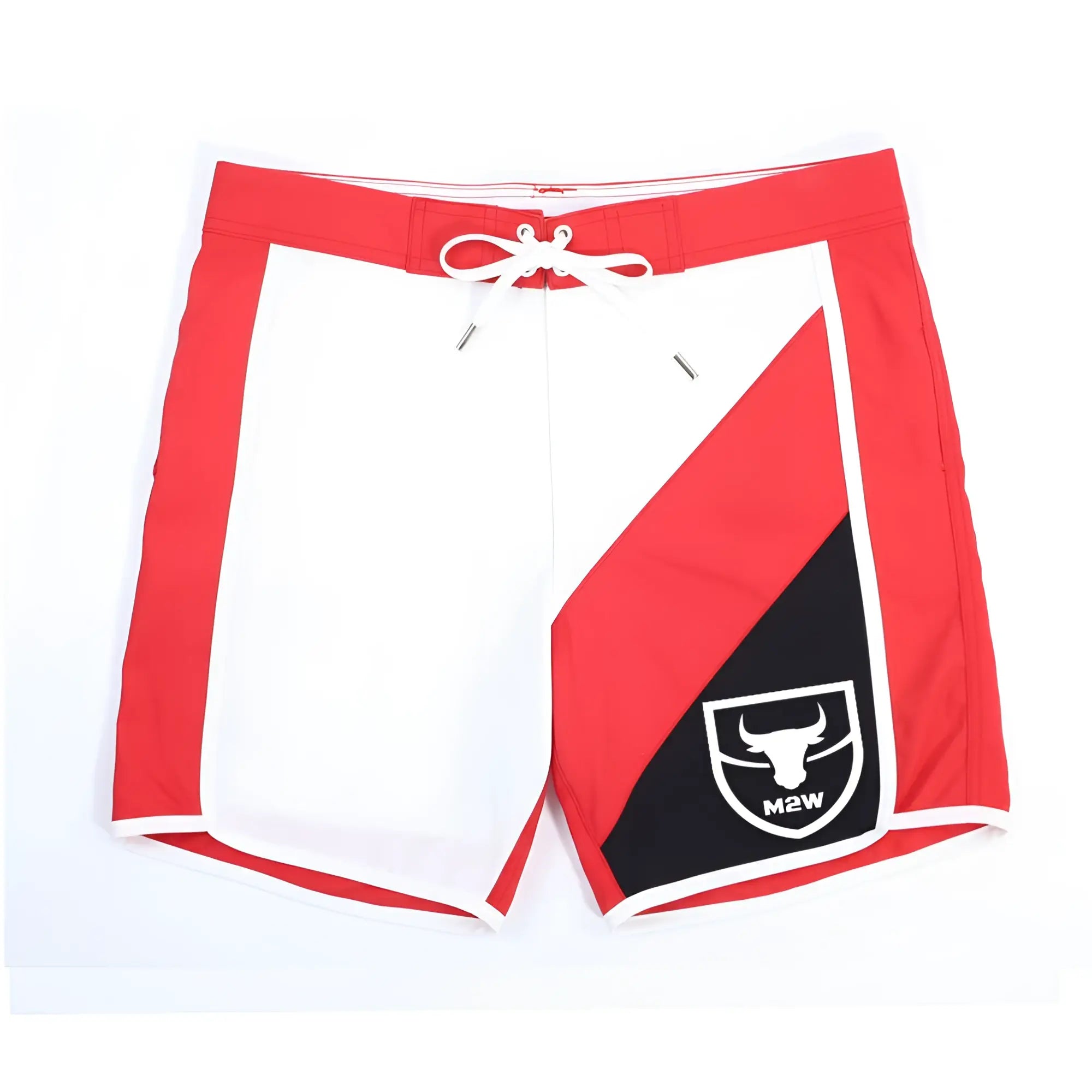 MetroMaleWear MetroMuscleWear IFBB Pro men’s physique board shorts in red white and black with bold diagonal stripes and m2w bull patch