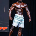 White and teal striped swim trunks with drawstring waistband from MetroMaleWear MetroMuscleWear board short 4716-71