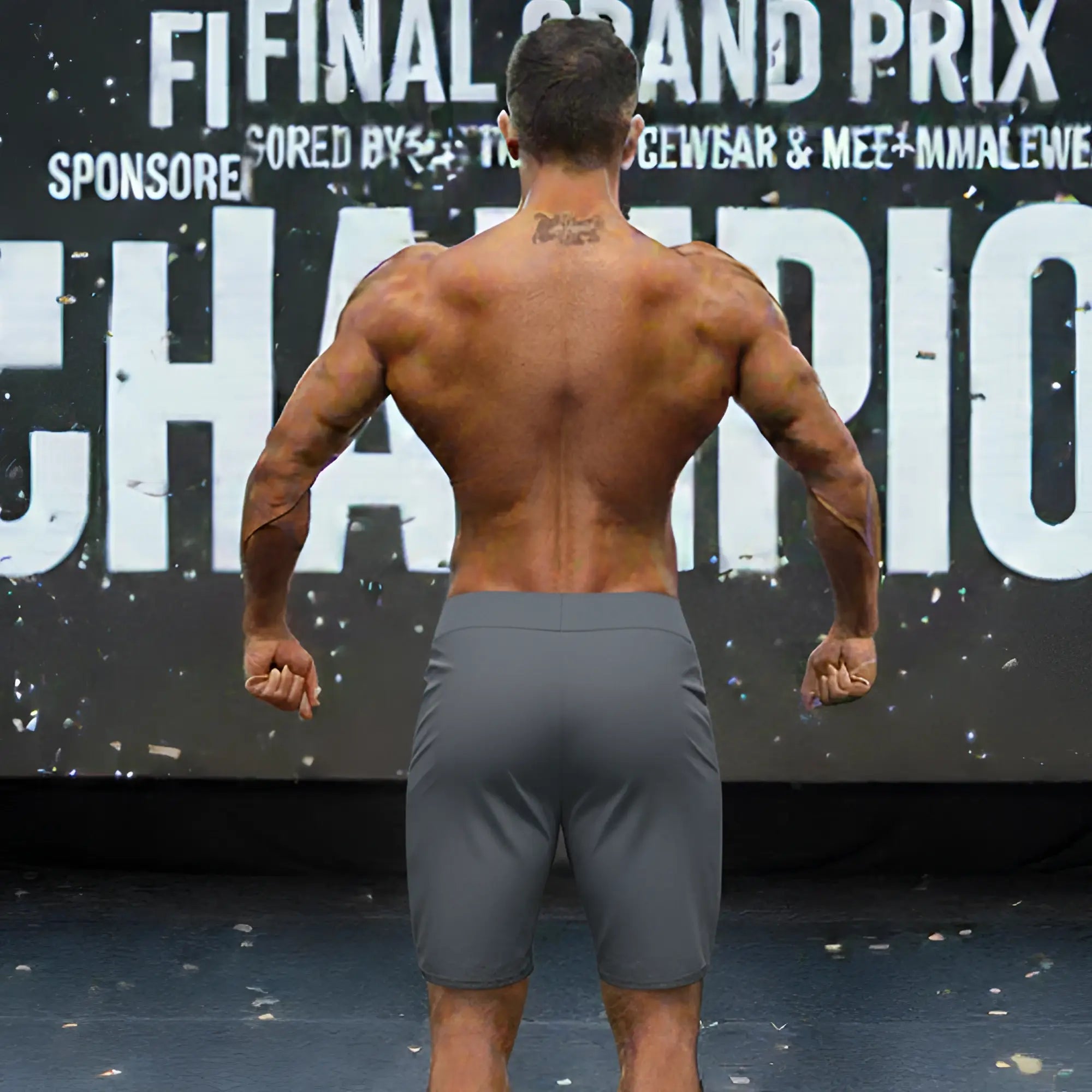 Gray charcoal athletic board shorts by MetroMaleWear worn by a muscular man showcasing the MetroMuscleWear insignia