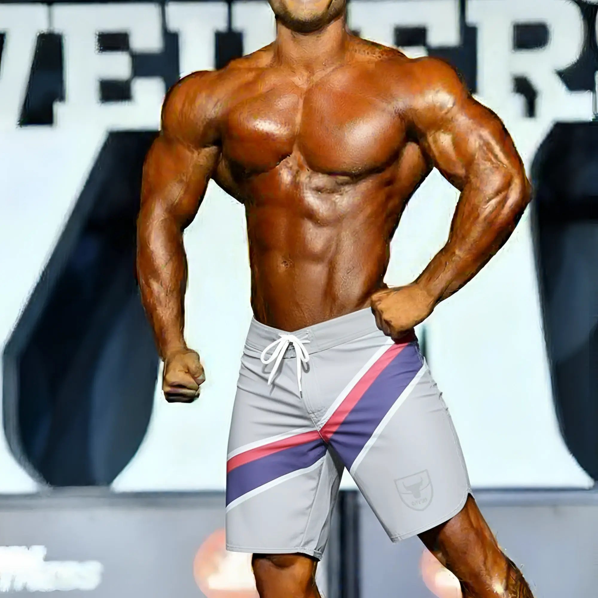 Gray metromusclewear insignia physique board shorts with purple and pink diagonal stripes white drawstrings and shield logo