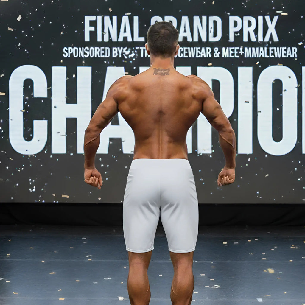A muscular man shows the back side of metro male wear metro muscle wear insignia physique gray board short in white shorts