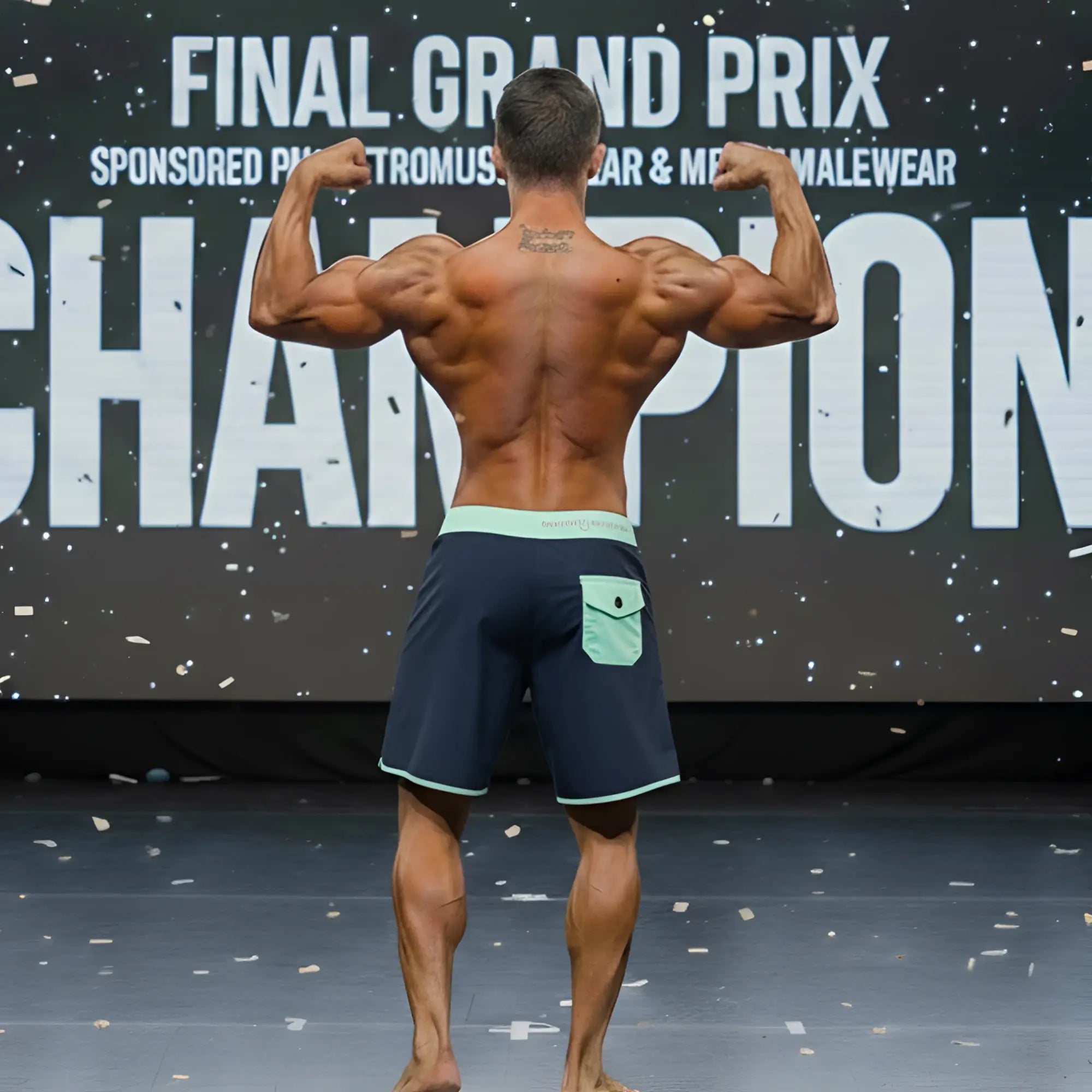 A muscular man wearing MetroMaleWear MetroMuscleWear marine physique board shorts in navy blue with light green waistband and pocket