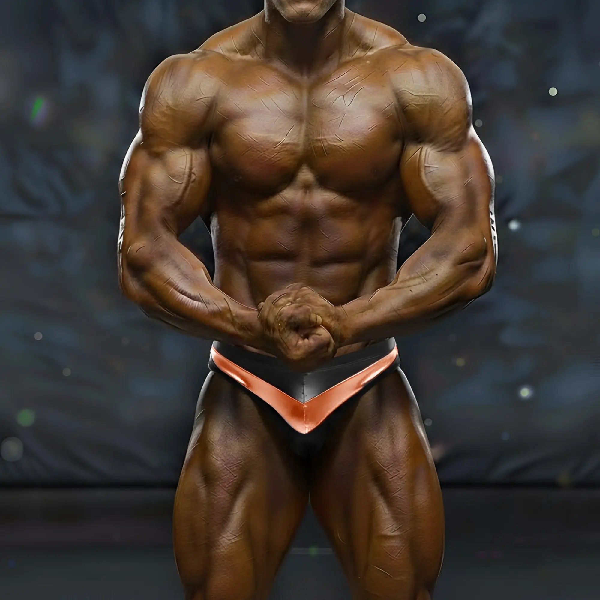 A muscular man wearing black and copper-colored MetroMaleWear MetroMuscleWear mark competition briefs