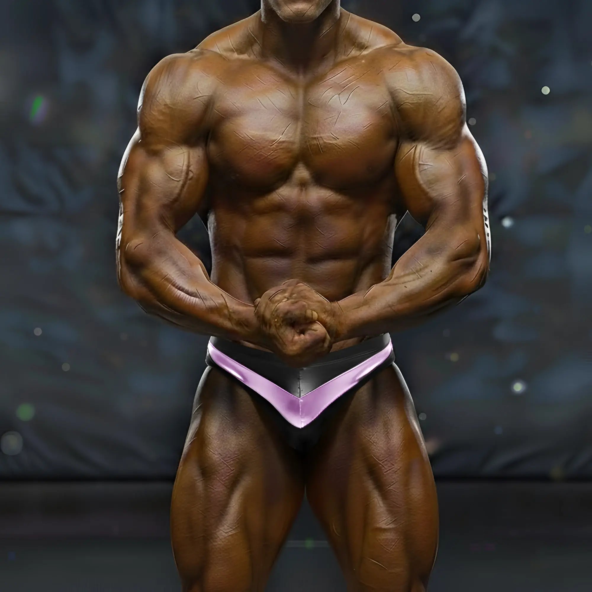 A muscular bodybuilder wearing black and purple MetroMaleWear MetroMuscleWear Mark competition briefs front view