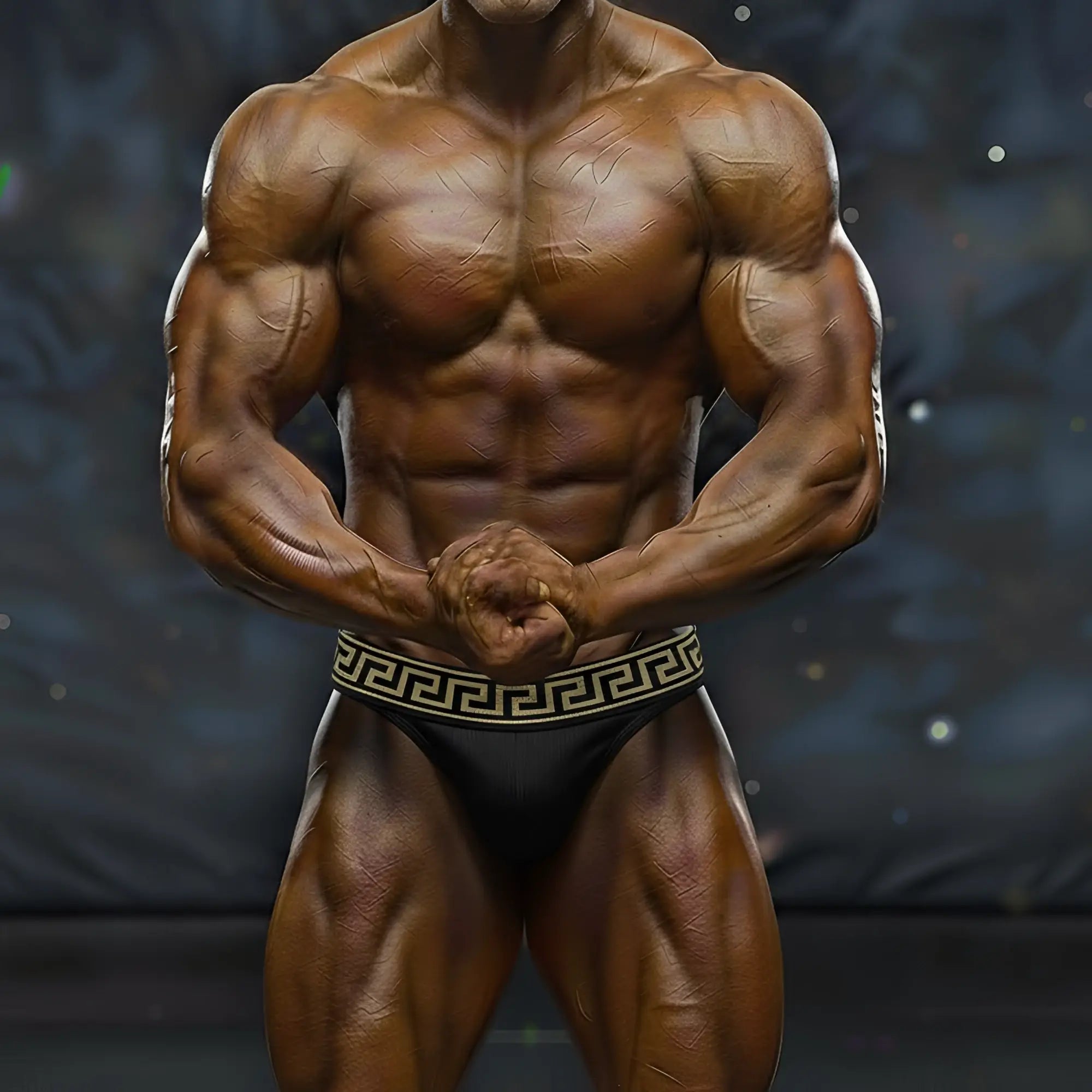 Black metroMuscleWear muscle trunk with gold Greek key pattern waistband by MetroMaleWear Leonardo 4700-60