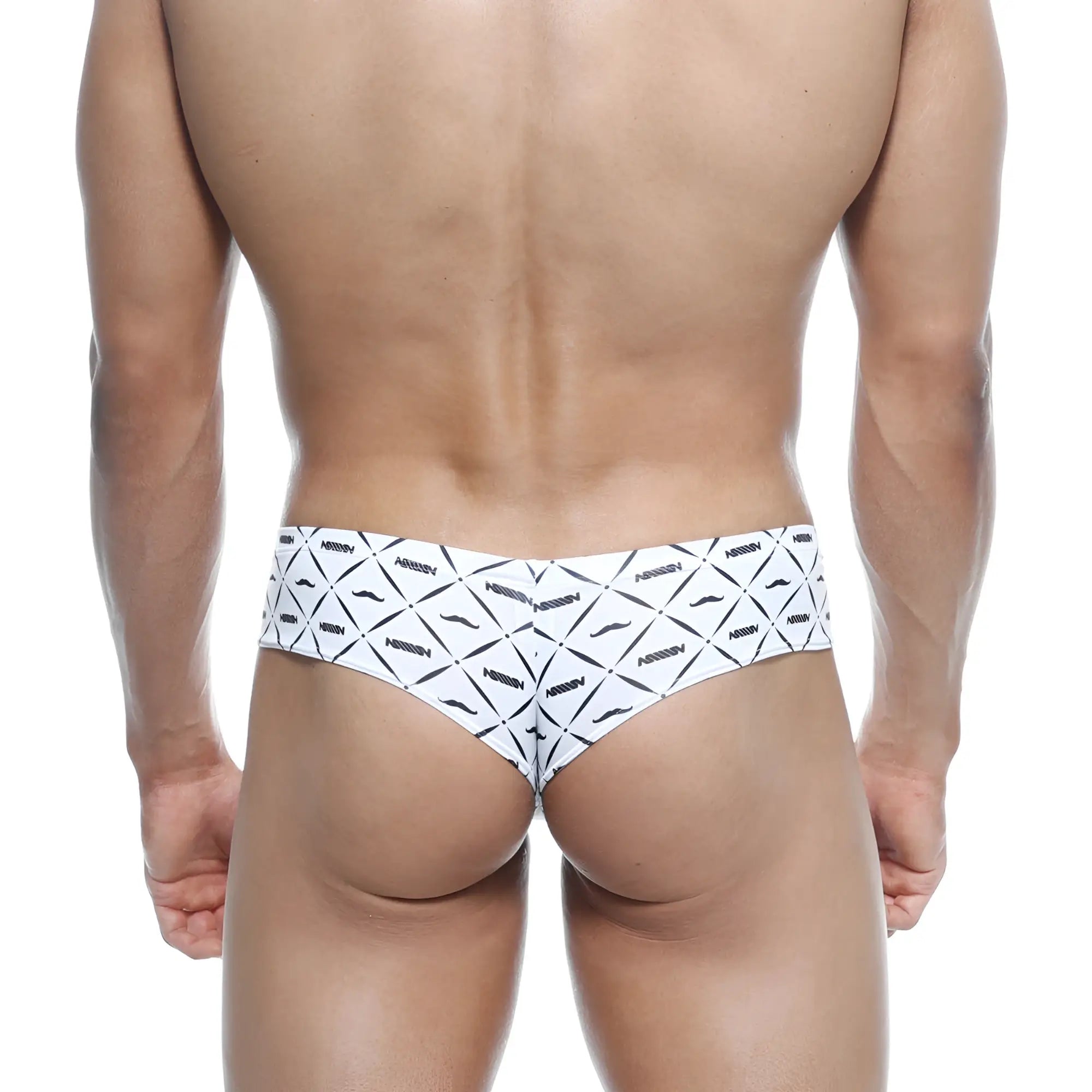 White briefs with bold black geometric mustache pattern and arrow brand print metro malewear micro cheek caballero 2027-03