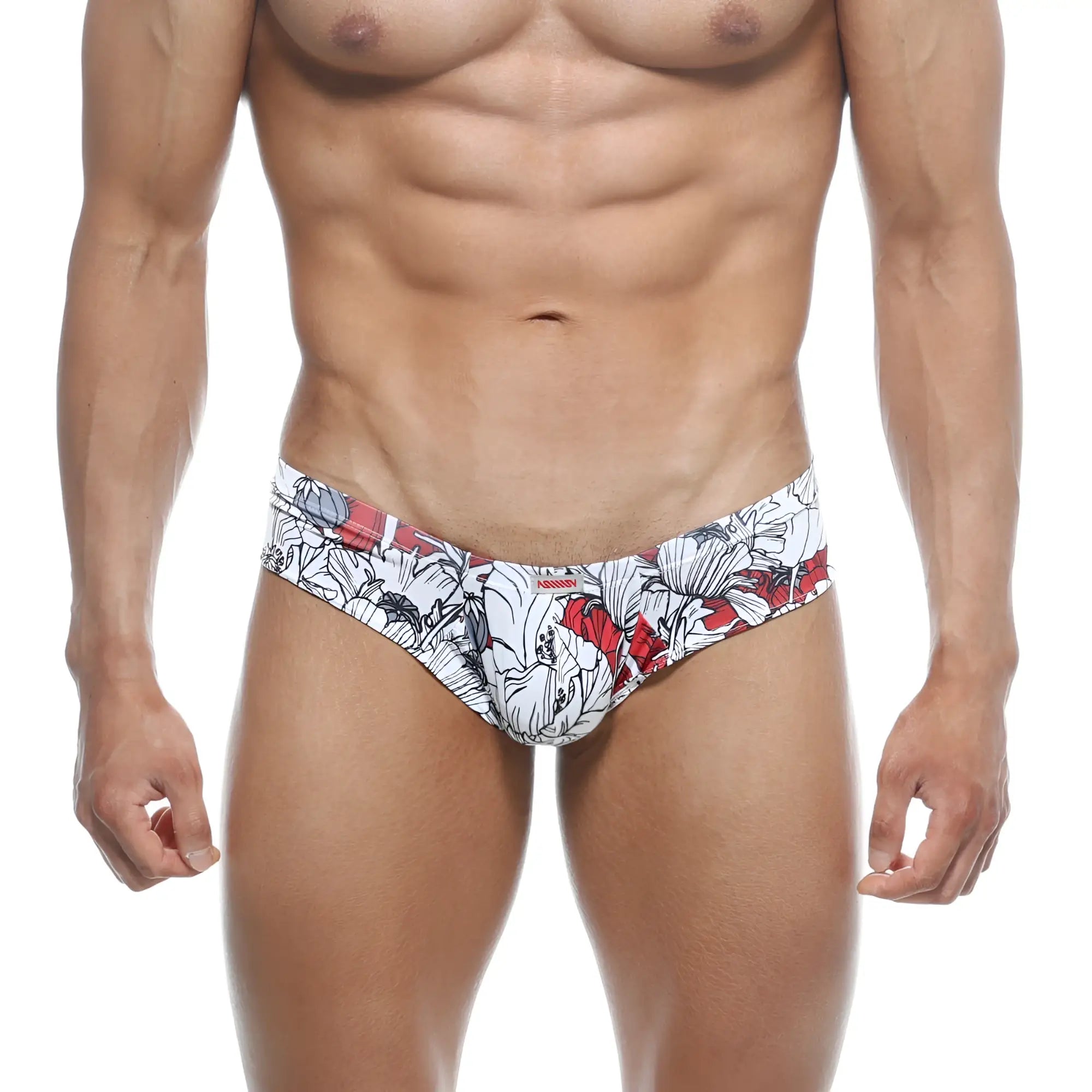 White and red floral-patterned men’s briefs with bold graphic design micro cheek style by metromalewear