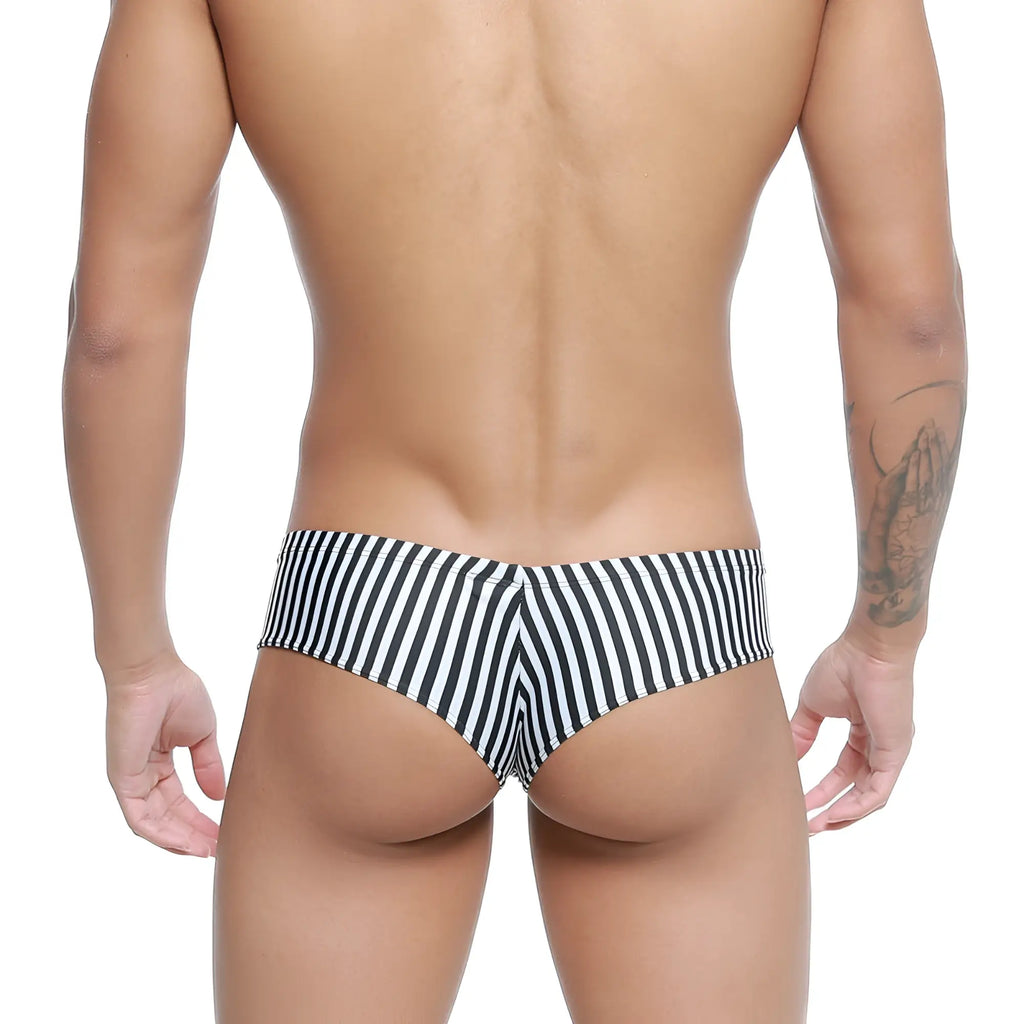 Black and white striped men’s swim trunks with snug tailored fit from metroMalewear micro cheek jail 2027-40 collection